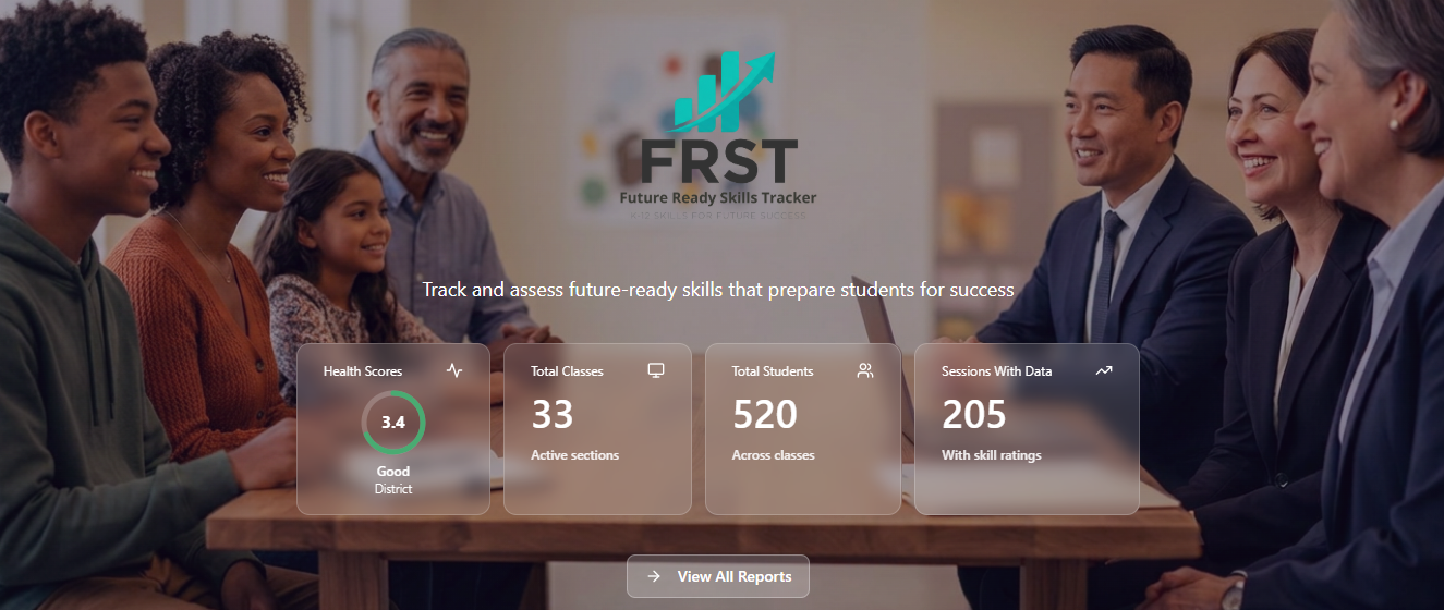 FRST platform — district dashboard with health scores, total classes, students and sessions with data