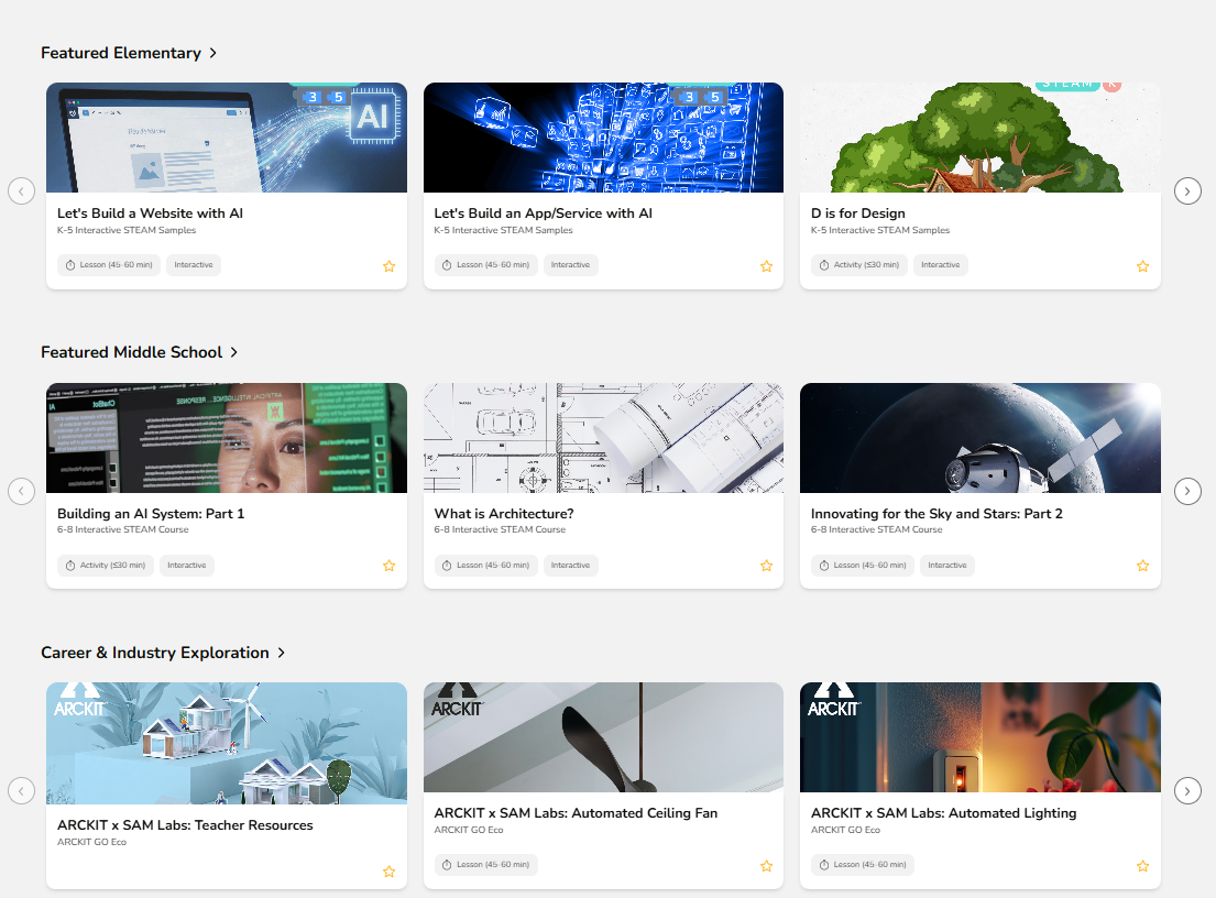 SAM Labs content library with featured elementary, middle school, and career exploration projects