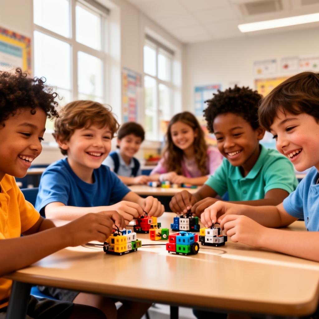 Students collaborating with SAM Labs hardware in a bright classroom